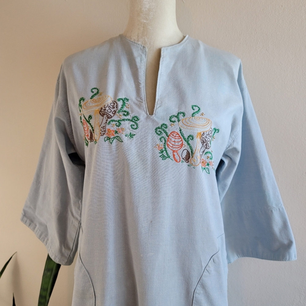 VTG 70s Embroidered Mushroom Denim Caftan Dress - Picture 4 of 16